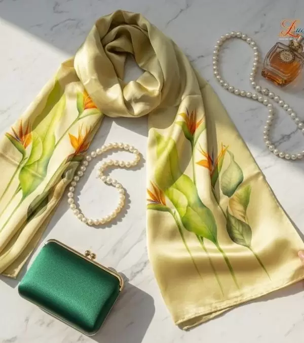 Khăn lụa tơ tằm 100% silk họa tiết hoa thiên điểu vẽ tay