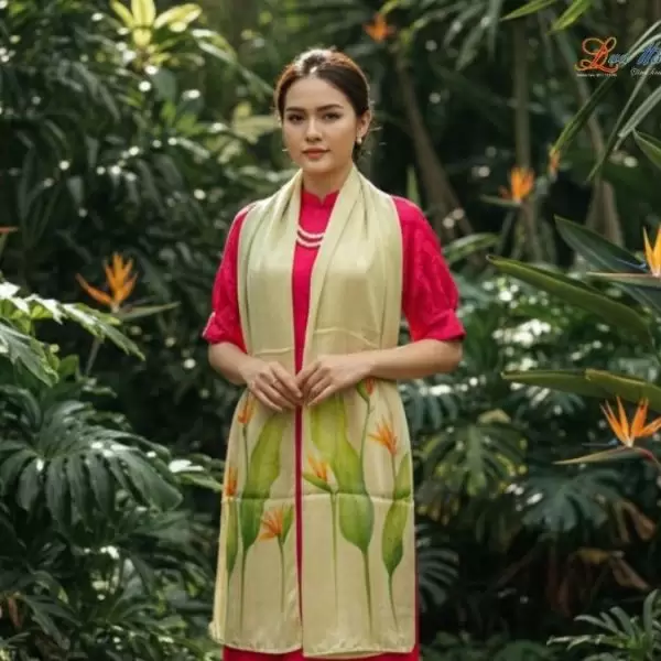 Khăn lụa tơ tằm 100% silk họa tiết hoa thiên điểu vẽ tay