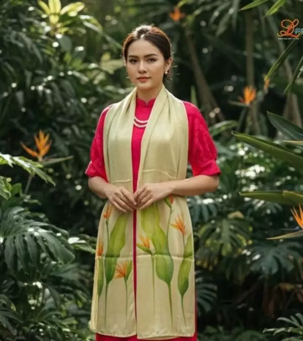 Khăn lụa tơ tằm 100% silk họa tiết hoa thiên điểu vẽ tay