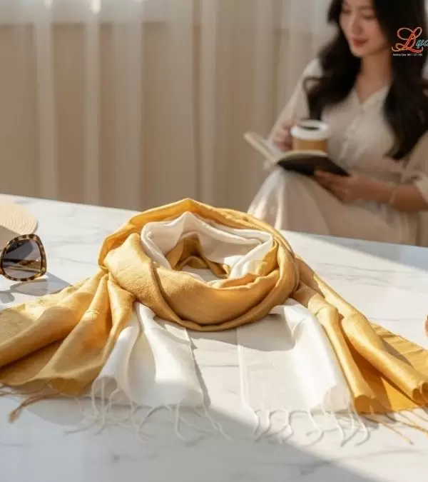 Khăn lụa tơ tằm loang màu vàng đồng 100% silk