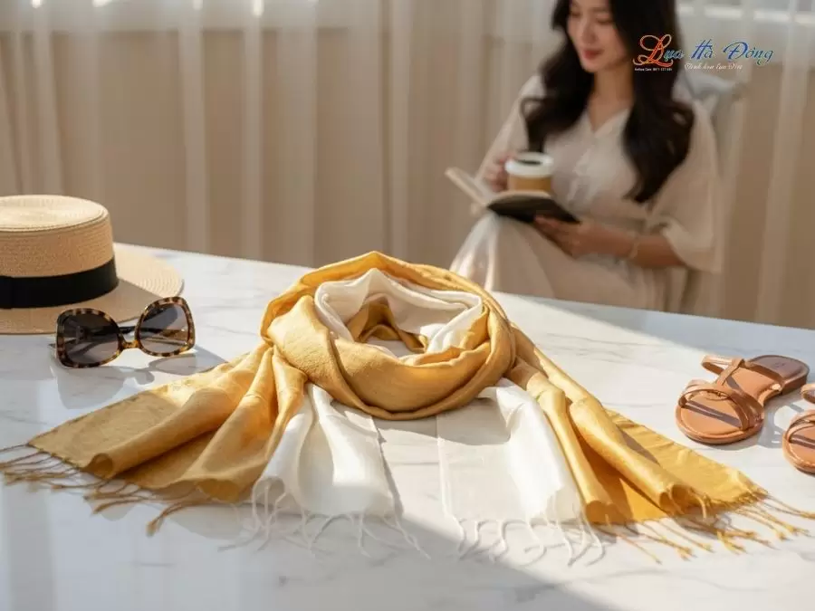 Khăn lụa tơ tằm loang màu vàng đồng 100% silk