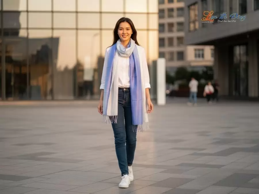 Khăn lụa tơ tằm loang màu xanh dương 100% silk