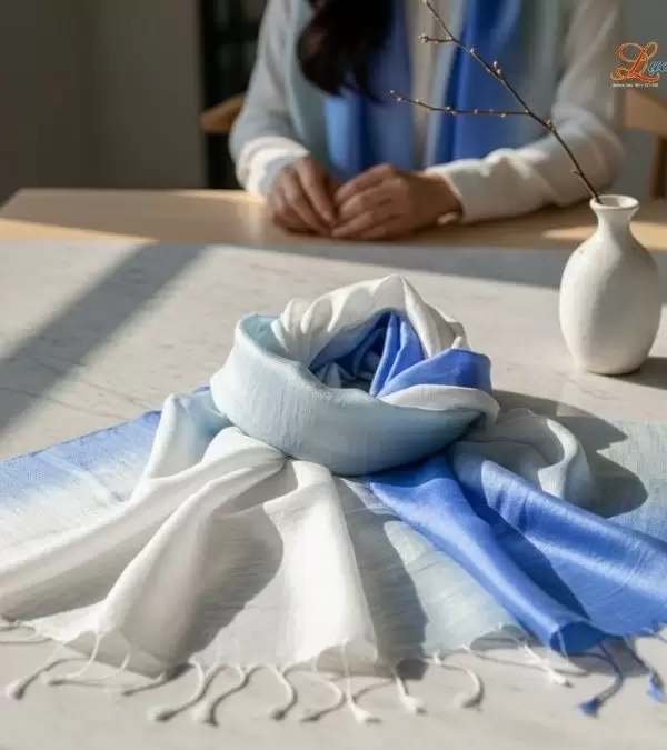 Khăn lụa tơ tằm loang màu xanh dương 100% silk