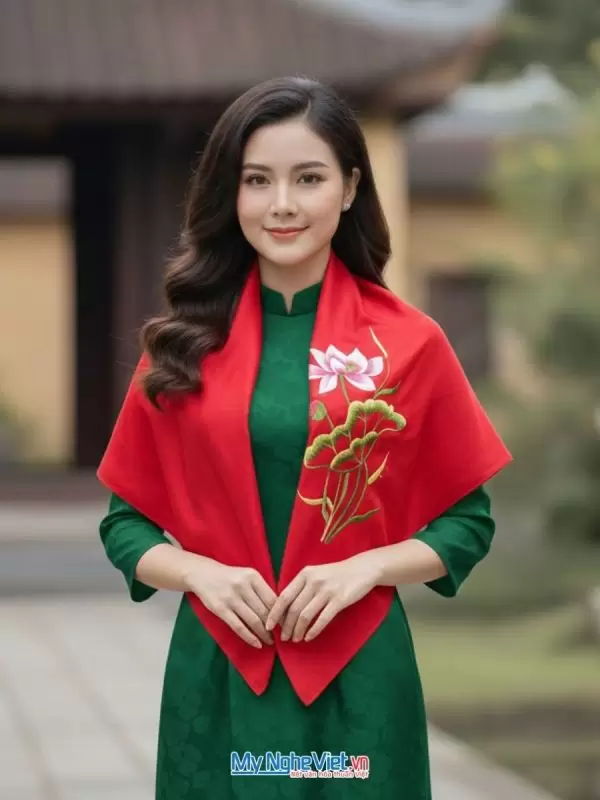 Khăn lụa tơ tằm vuông thêu họa tiết hoa sen