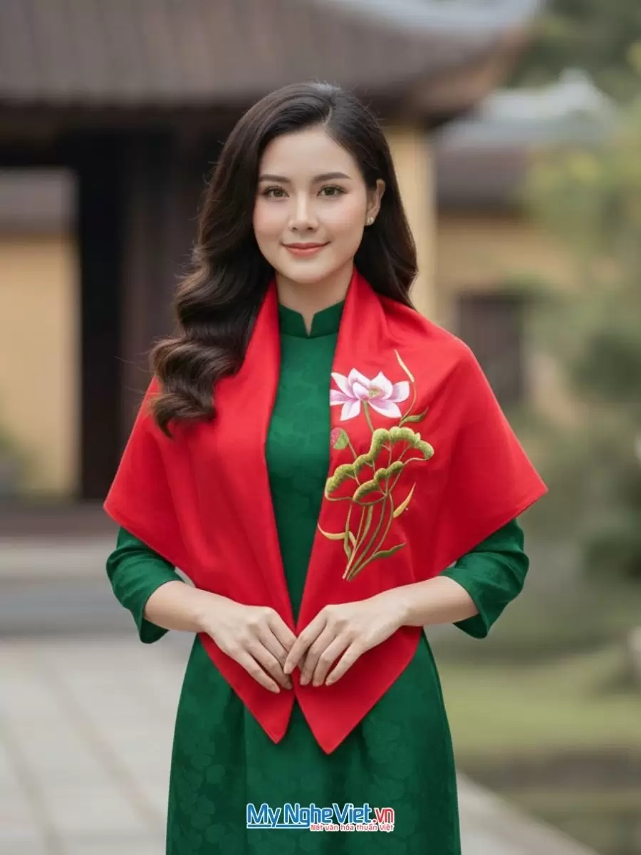 Khăn lụa tơ tằm vuông thêu họa tiết hoa sen