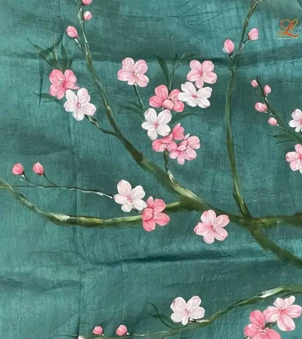 Khăn lụa tơ tằm 100% silk họa tiết hoa đào vẽ tay