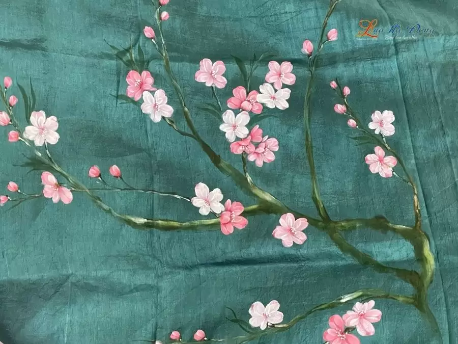 Khăn lụa tơ tằm 100% silk họa tiết hoa đào vẽ tay