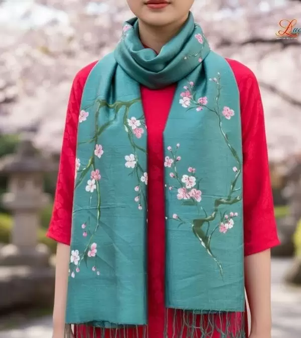 Khăn lụa tơ tằm 100% silk họa tiết hoa đào vẽ tay