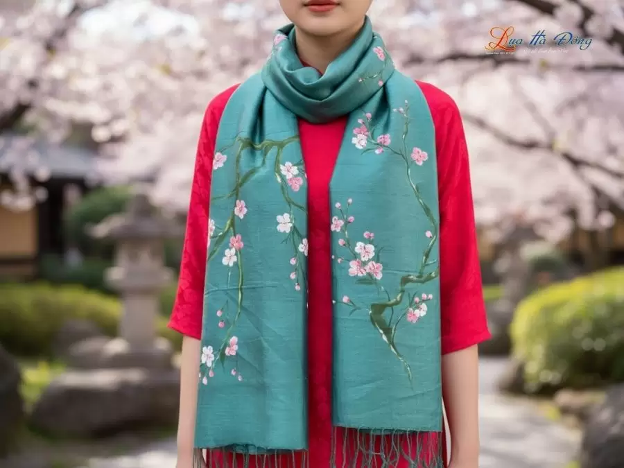 Khăn lụa tơ tằm 100% silk họa tiết hoa đào vẽ tay