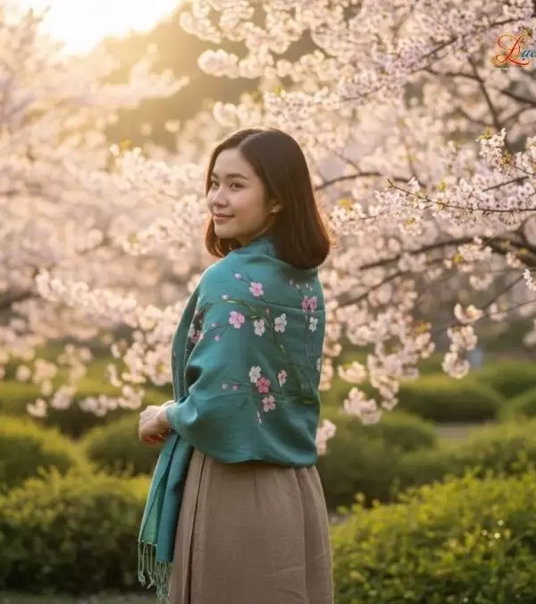 Khăn lụa tơ tằm 100% silk họa tiết hoa đào vẽ tay