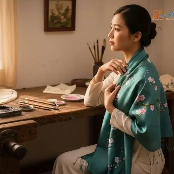 Khăn lụa tơ tằm 100% silk họa tiết hoa đào vẽ tay