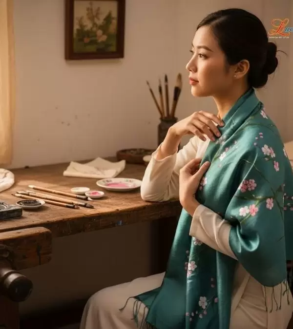Khăn lụa tơ tằm 100% silk họa tiết hoa đào vẽ tay