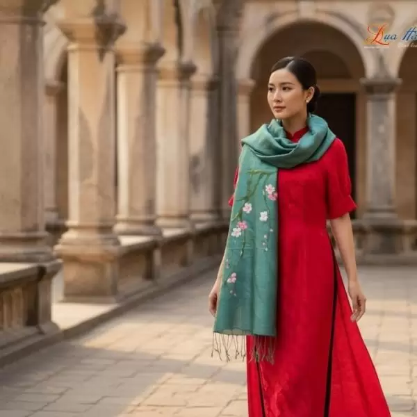 Khăn lụa tơ tằm 100% silk họa tiết hoa đào vẽ tay