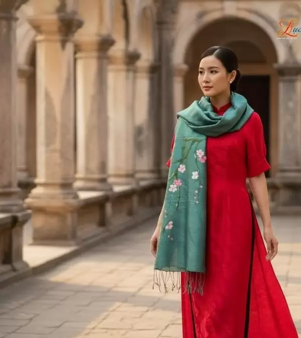 Khăn lụa tơ tằm 100% silk họa tiết hoa đào vẽ tay