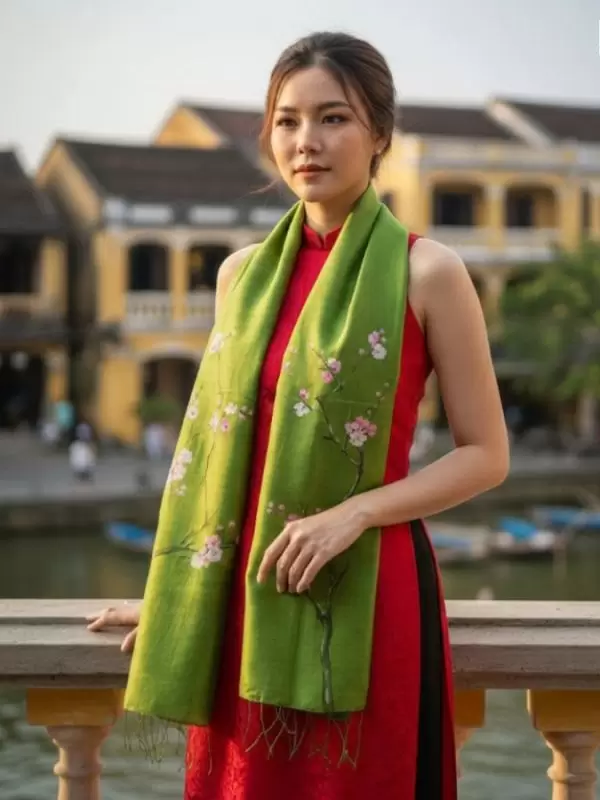 Khăn lụa tơ tằm vẽ tay hoa đào tua rua 100% silk