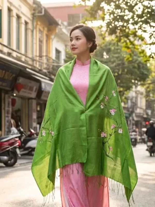 Khăn lụa tơ tằm vẽ tay hoa đào tua rua 100% silk