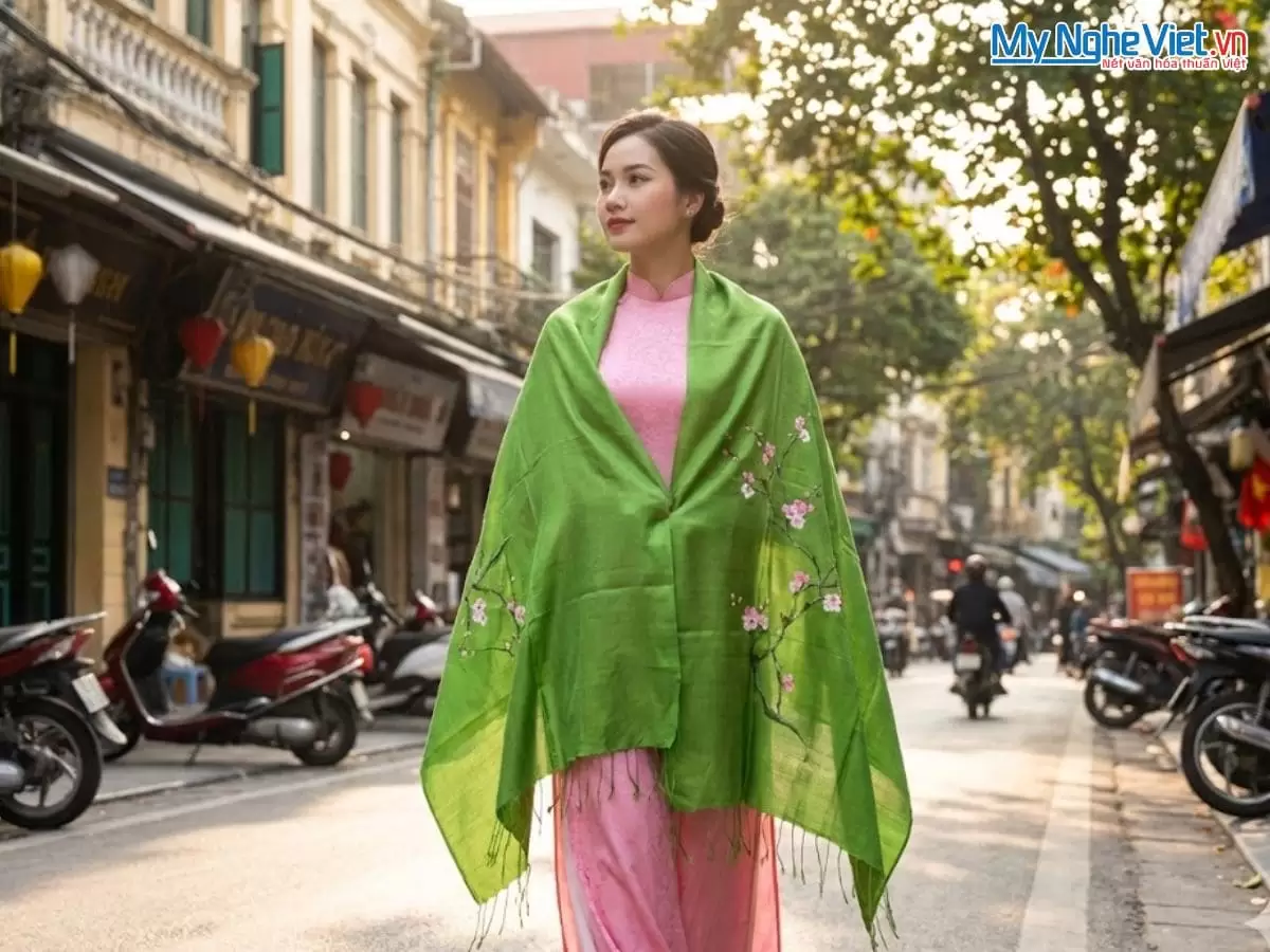 Khăn lụa tơ tằm vẽ tay hoa đào tua rua 100% silk