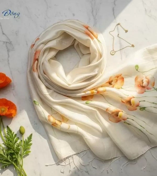 Khăn lụa tơ tằm vẽ tay hoa tua rua 100% silk