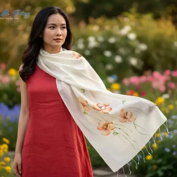 Khăn lụa tơ tằm vẽ tay hoa tua rua 100% silk