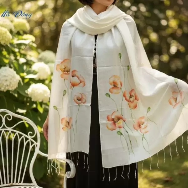 Khăn lụa tơ tằm vẽ tay hoa tua rua 100% silk