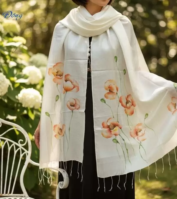 Khăn lụa tơ tằm vẽ tay hoa tua rua 100% silk