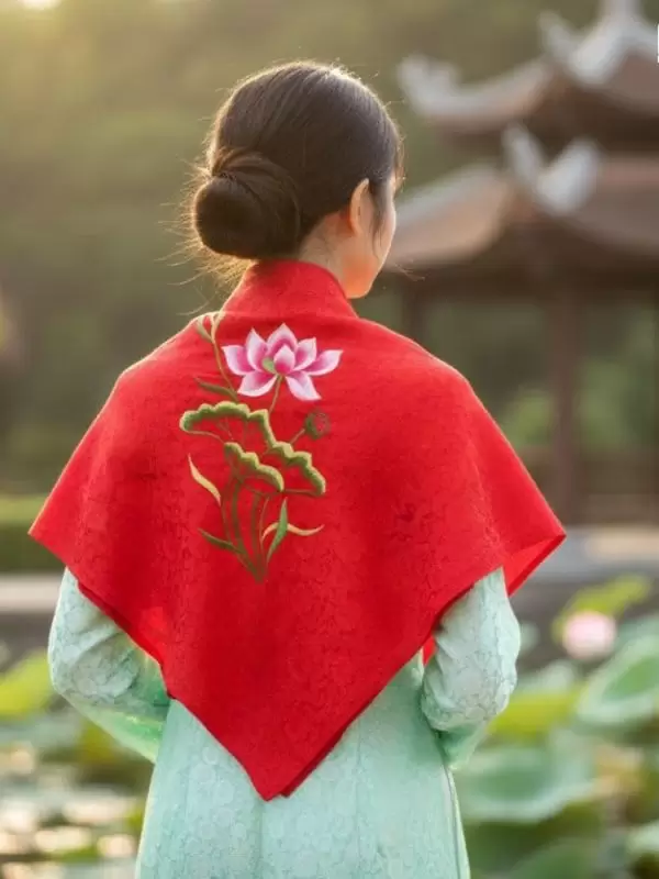 Khăn Lụa Thêu Sen Họa Tiết Hoa Cúc Màu Đỏ