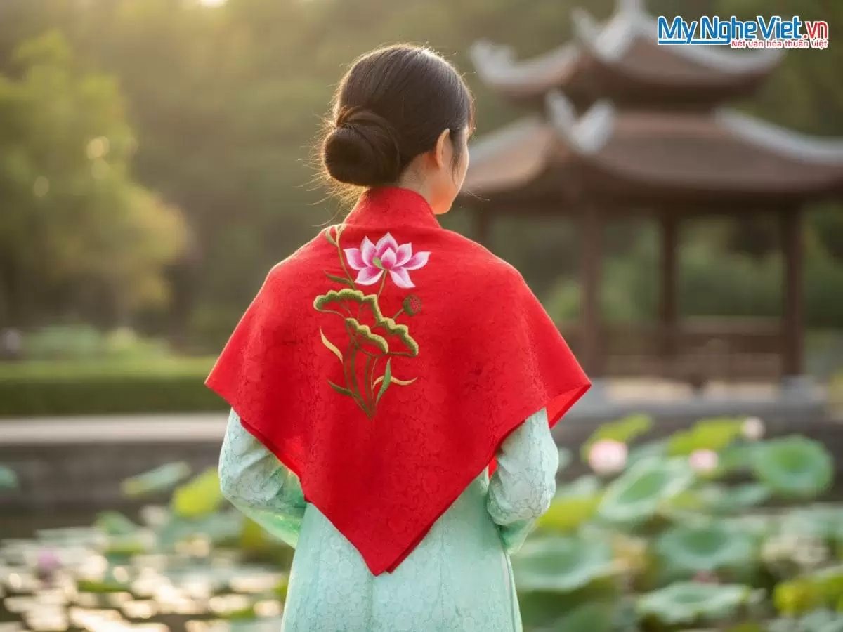 Khăn Lụa Thêu Sen Họa Tiết Hoa Cúc Màu Đỏ