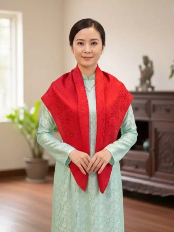 Khăn Lụa Thêu Sen Họa Tiết Hoa Cúc Màu Đỏ