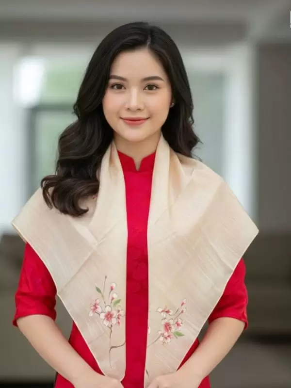 Khăn lụa vuông tơ tằm màu cam vẽ hoa