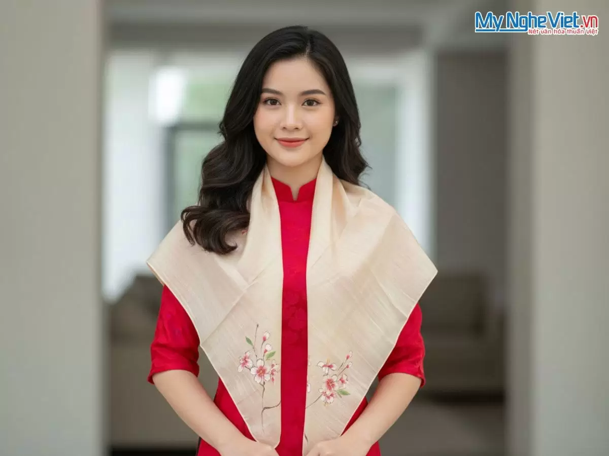 Khăn lụa vuông tơ tằm màu cam vẽ hoa