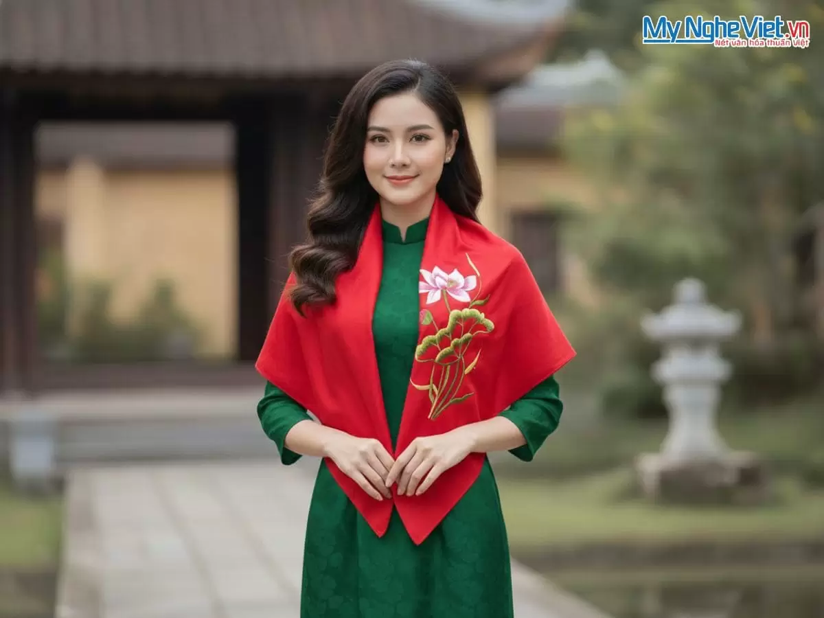 Khăn Lụa Vuông Tơ Tằm Thêu Sen Trơn Màu Đỏ