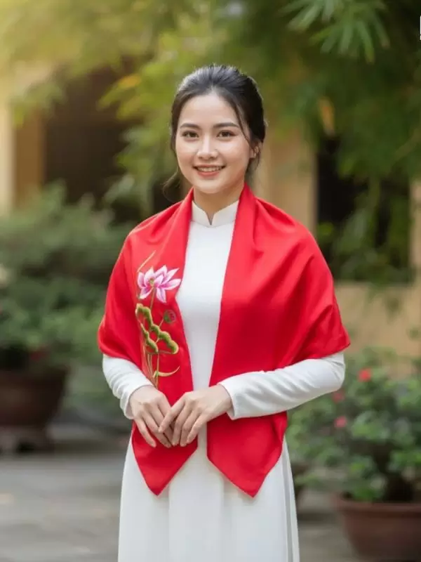 Khăn Lụa Vuông Tơ Tằm Thêu Sen Trơn Màu Đỏ