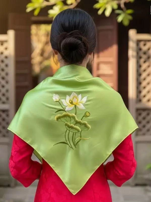 Khăn Lụa Vuông Tơ Tằm Thêu Sen Trơn Màu Xanh Cốm