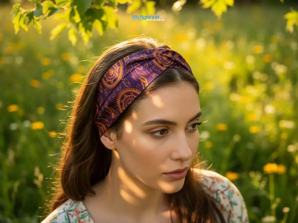 Băng đô cài tóc lụa Hà Đông họa tiết trống đồng