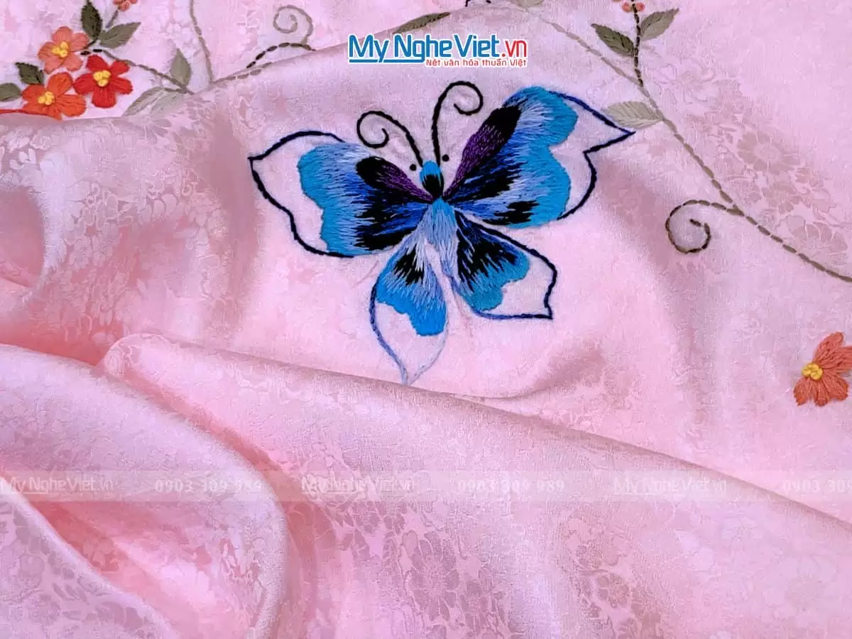 Vải lụa áo dài cúc hồng thêu tay 2.5m khổ 1.2m MNV-LNLTT-03 - Ảnh 3