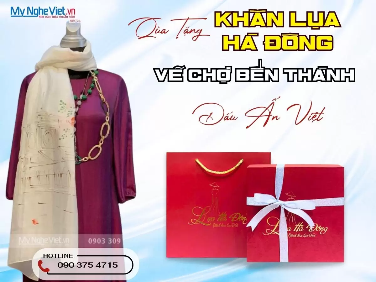 Khăn lụa tơ tằm vẽ chợ Bến Thành MNV-PT70180/10.5-2 - Quà tặng doanh nghiệp ý nghĩa