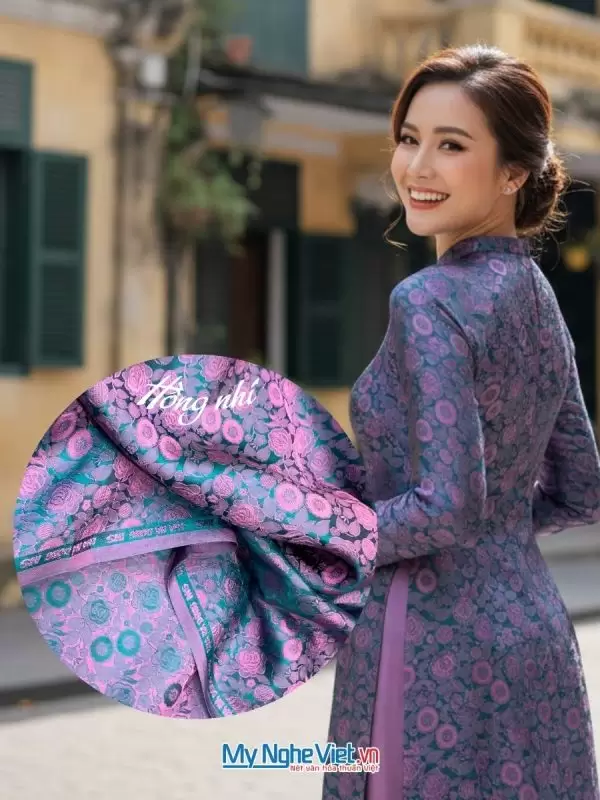 Vải áo lụa Hà Đông hồng thọ nhí xanh tím 3.7m LNL220-1.6