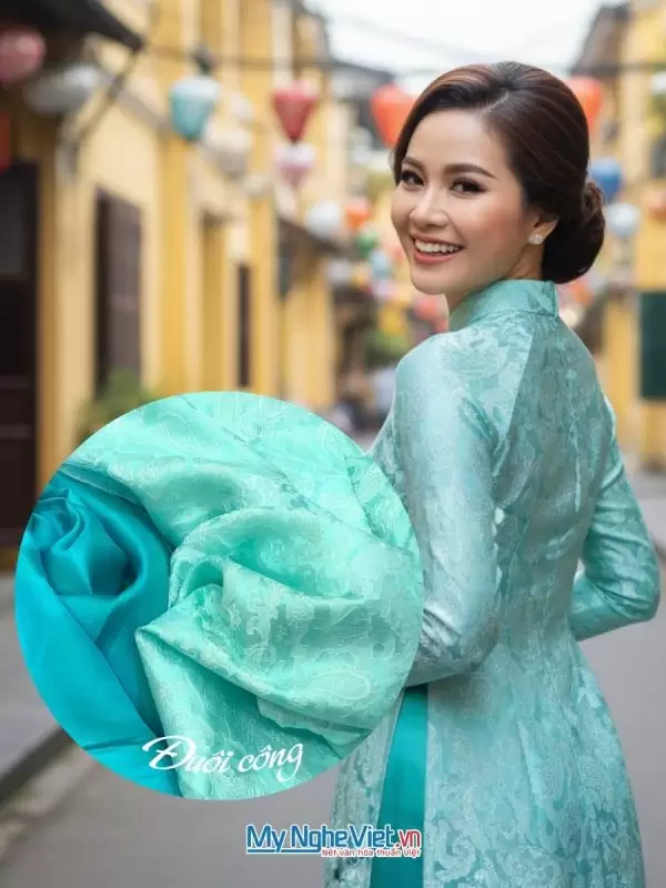 Vải lụa họa tiết đuôi công xanh thiên thanh 3.7m khổ 90 MNV-LNL122-2