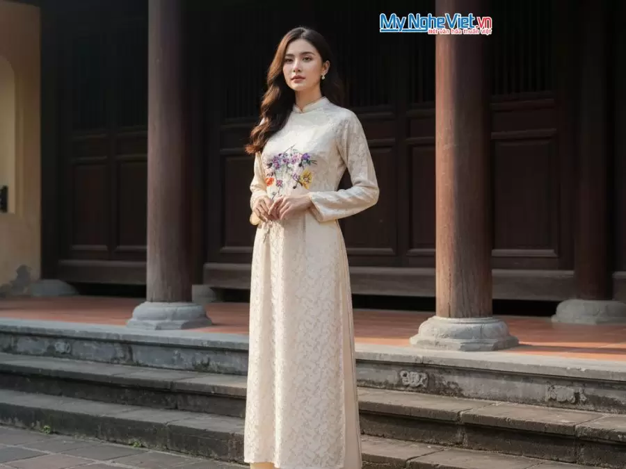 Áo dài lụa tơ tằm hai lớp họa tiết đuôi công màu trắng