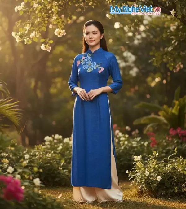 Áo dài lụa tơ tằm xanh dương đính hoa