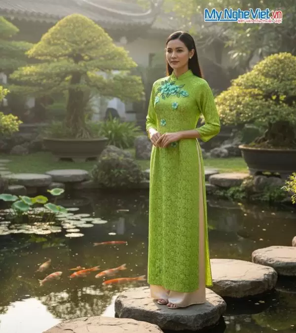 Áo dài lụa tơ tằm xanh dương đính hoa và ngọc