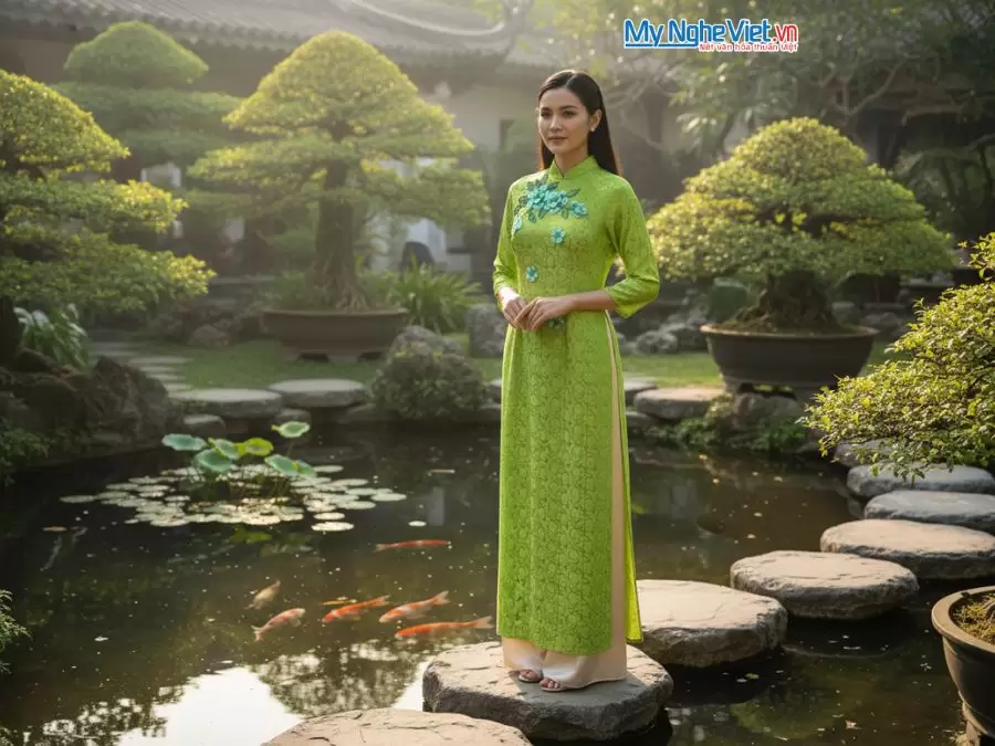 Áo dài lụa tơ tằm xanh dương đính hoa và ngọc