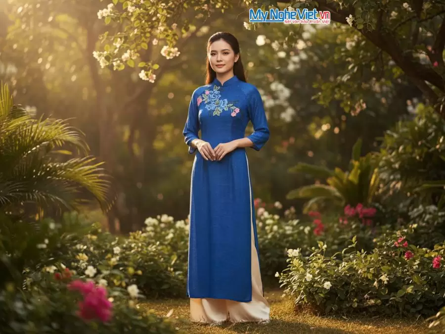 Áo dài lụa tơ tằm xanh dương đính hoa