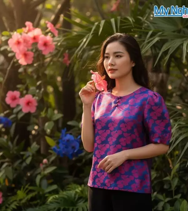 Áo lụa cọc ba khuy may sẵn họa bèo tím