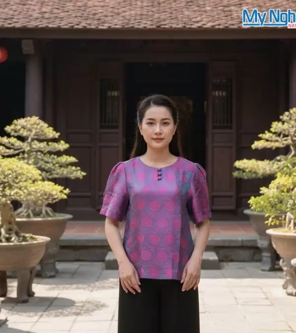 Áo lụa cọc ba khuy may sẵn họa tiết trống đồng