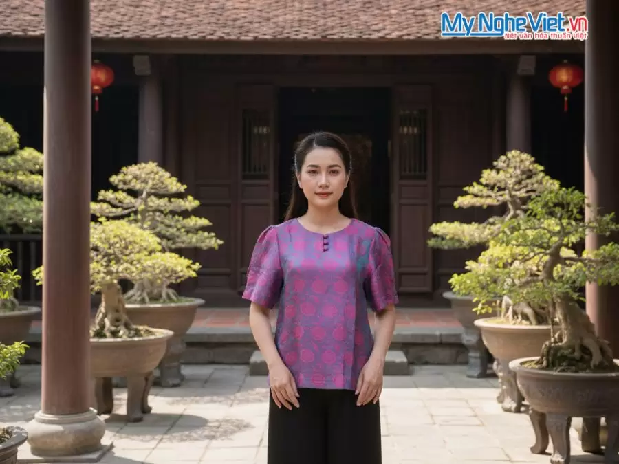 Áo lụa cọc ba khuy may sẵn họa tiết trống đồng