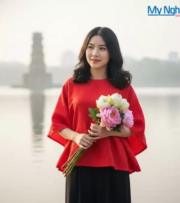 Áo lụa may sẵn cánh dơi họa tiết cúc đỏ