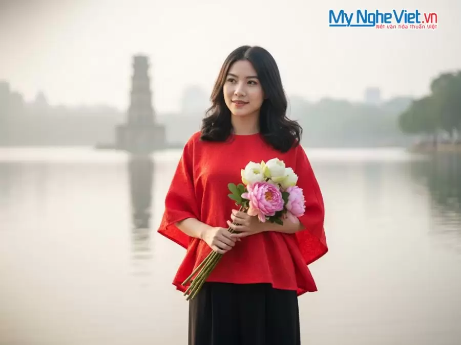 Áo lụa may sẵn cánh dơi họa tiết cúc đỏ