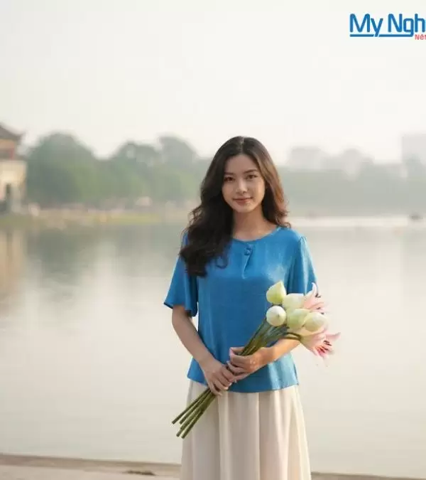 Áo lụa may sẵn sóng mây xanh tay lỡ khuy