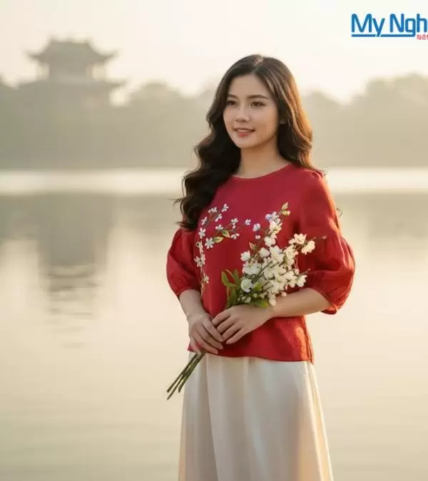 Áo lụa may sẵn tay lỡ sóng mây đỏ đô thêu hoa